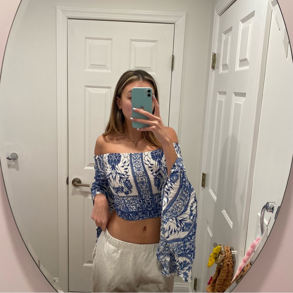 LF Blue Design Off the Shoulder Crop Top